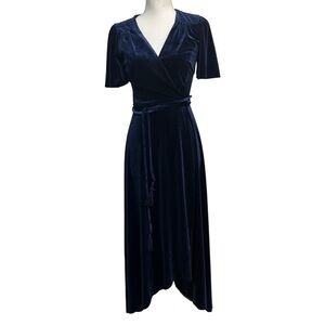 Aqua Velvet Wrap Maxi Dress Flutter Sleeves Navy Blue Size XSmall